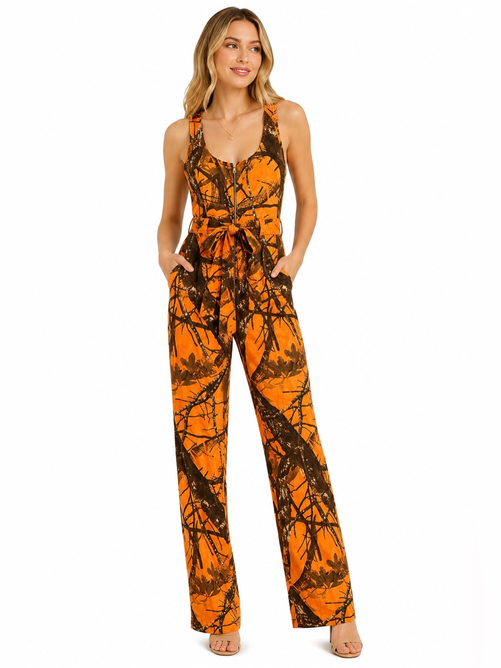 NWOT American Bazi Realtree Orange Camo Front Zip Belted Jumpsuit est size Med
